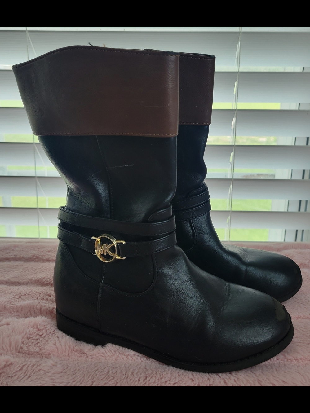 Michael Kors Two-tone Flat Black Leather Mid-Calf Riding Boots MK Girl 11 Zipper